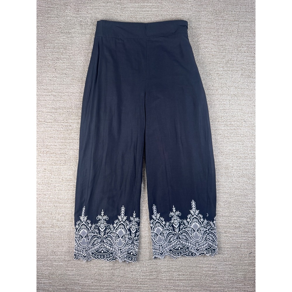 Zara Woman Black Embroidered Eyelet Lace Hem Wide Leg Culotte Pants XS